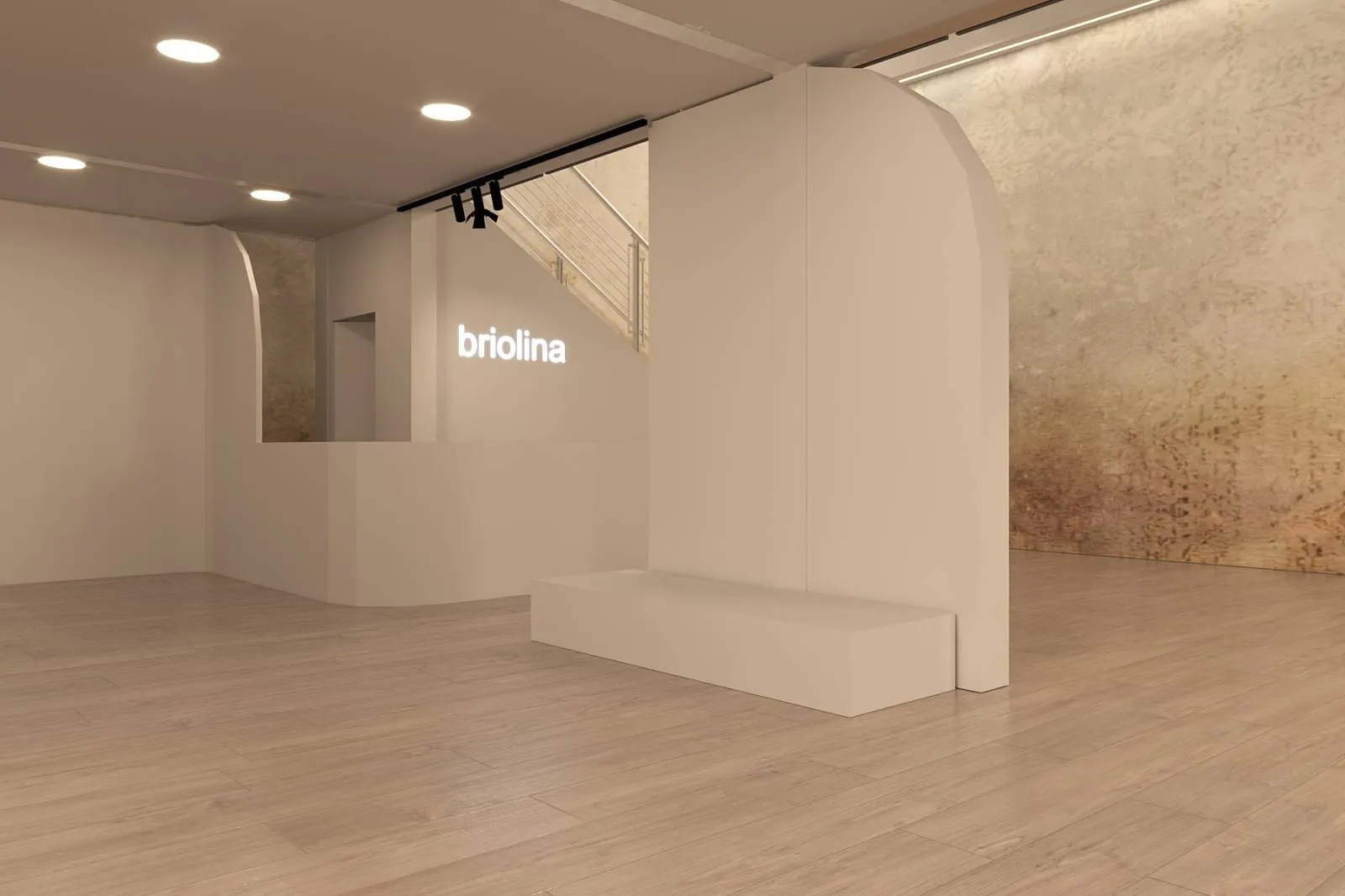 Render dell'area reception dello stand Briolina al Salone del Mobile