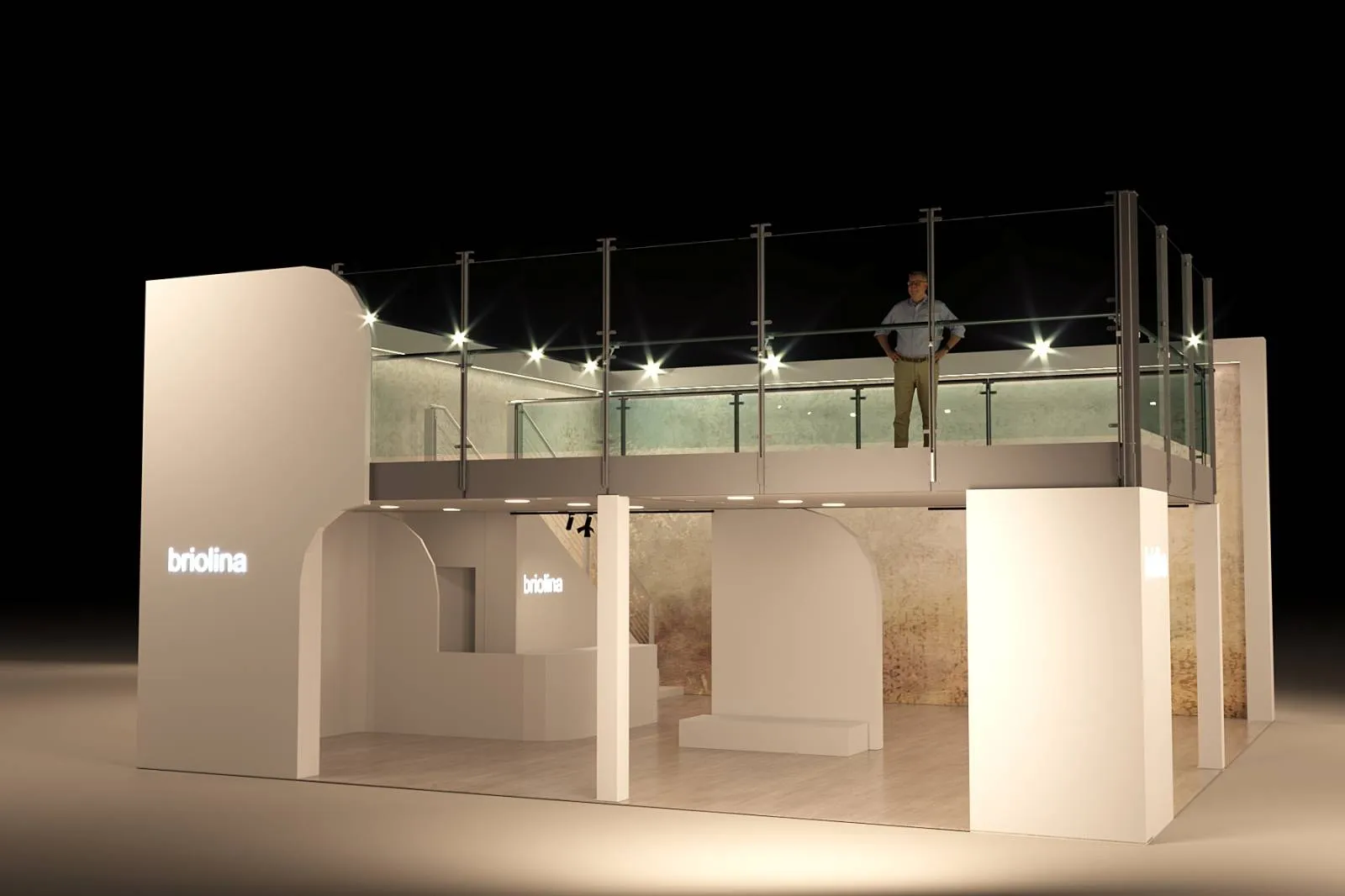 Render volumetrico dello stand Briolina al Salone del Mobile, struttura su due livelli