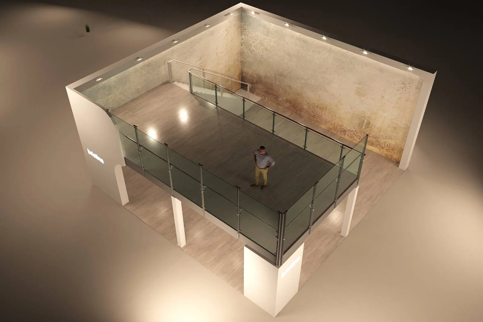 Render dall'alto del piano mezzanino dello stand Briolina al Salone del Mobile