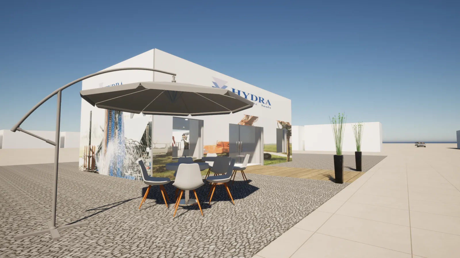 Render dello stand Hydra a Geofluid, area lounge esterna con dehors e insegna
