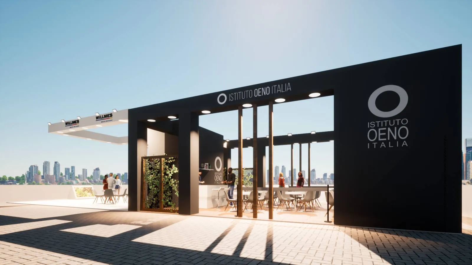 Render dello stand congiunto Istituto Oeno Italia e Willmes al Simei, vista con insegne sospese