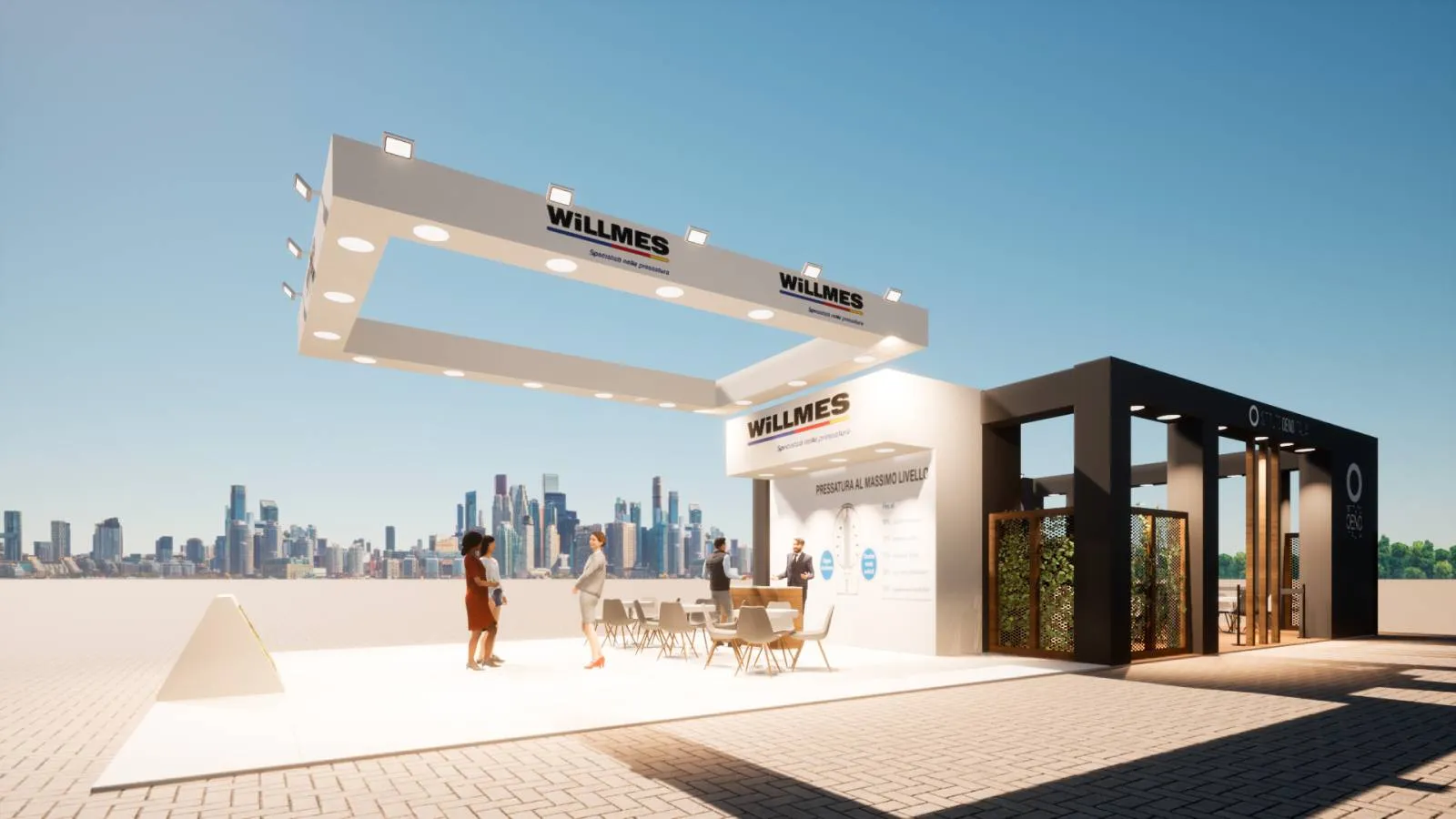 Render dell'area Willmes dello stand al Simei, pannello "Pressatura al massimo livello"