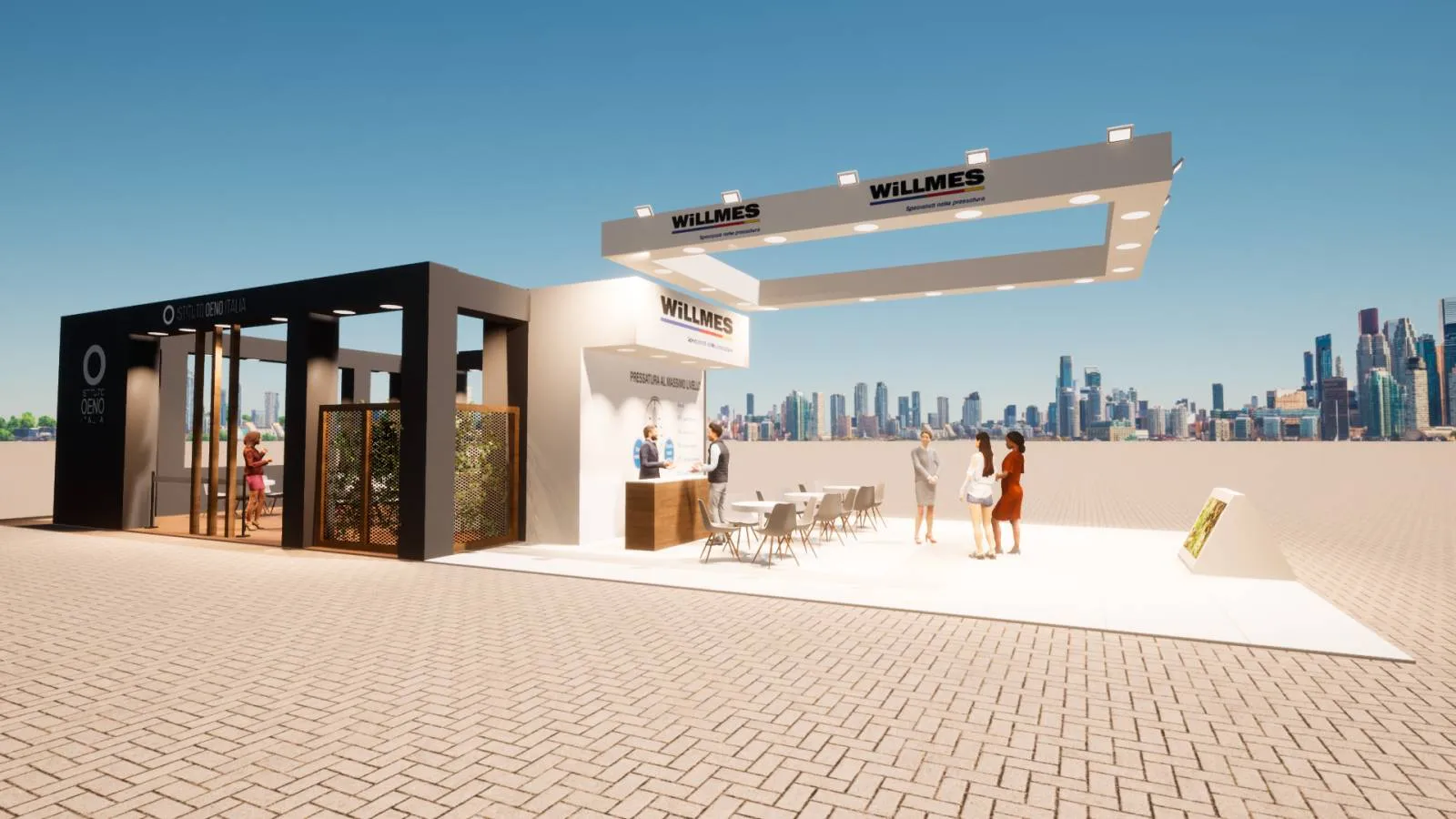 Render dello stand Istituto Oeno Italia e Willmes al Simei, visuale completa delle due aree