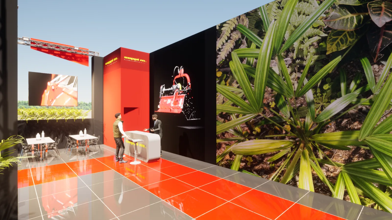 Render dell'area lounge dello stand Seppi M. a Eima, con parete vegetale e schermo prodotto