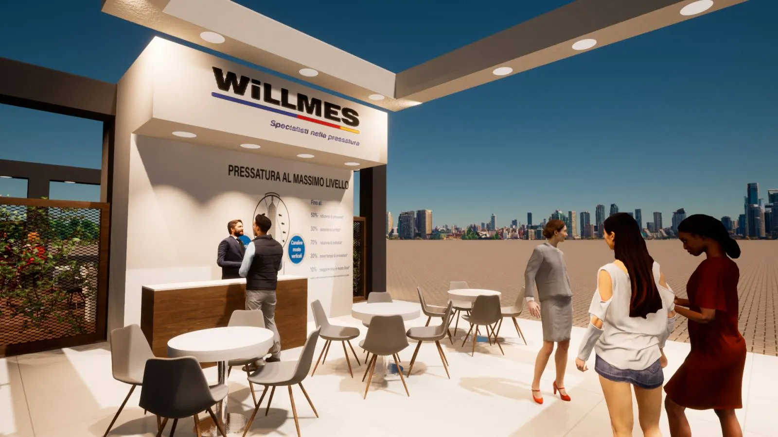 Render del banco reception Willmes nello stand al Simei