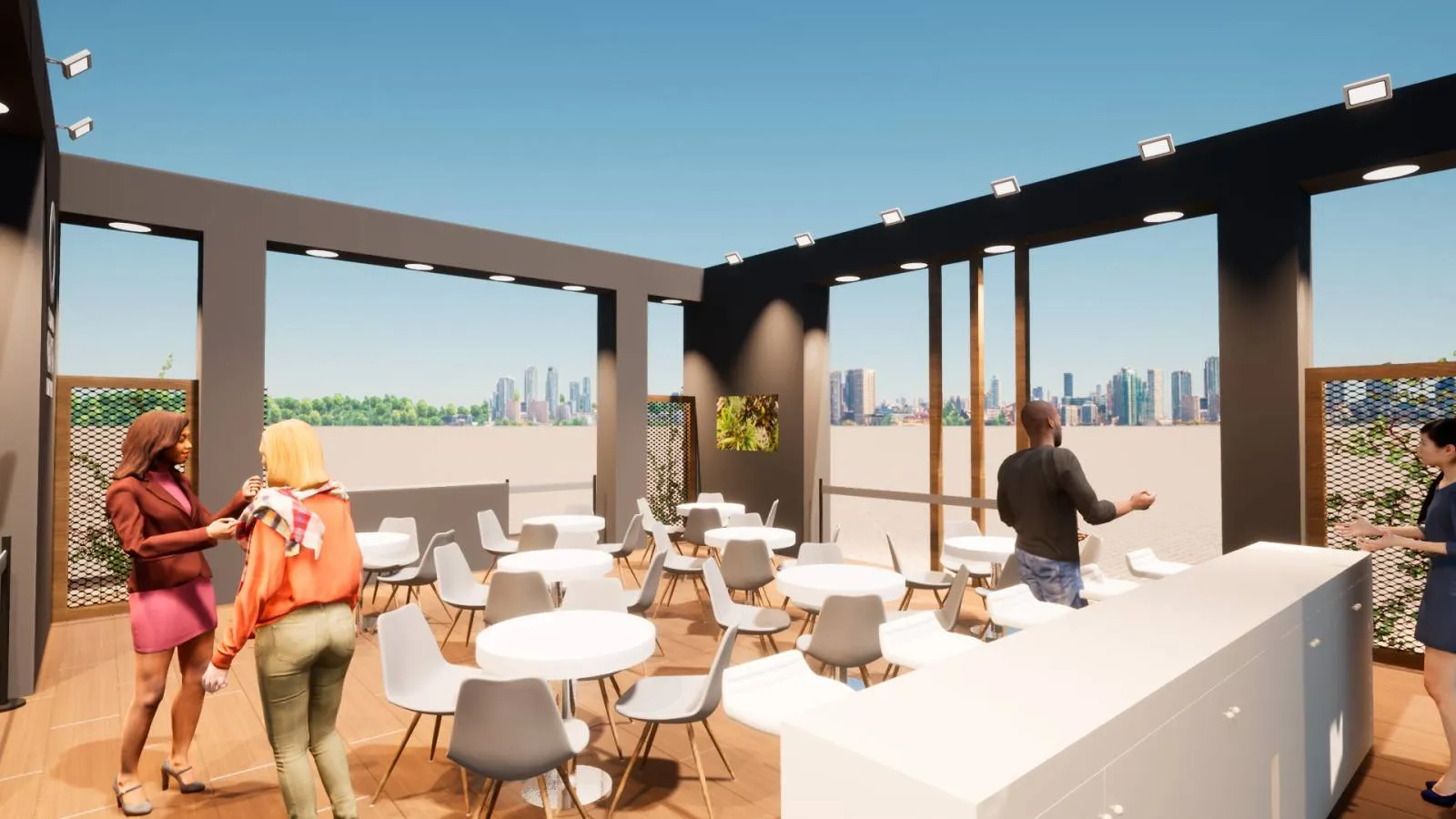 Render dell'area lounge interna dello stand Istituto Oeno Italia al Simei, con isola bar
