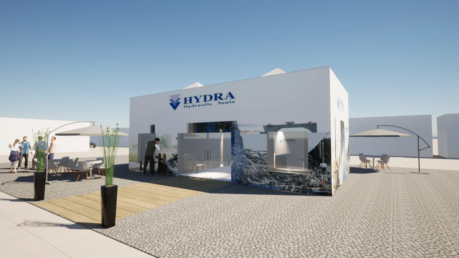 Render dello stand Hydra Hydraulic Tools a Geofluid, vista frontale completa