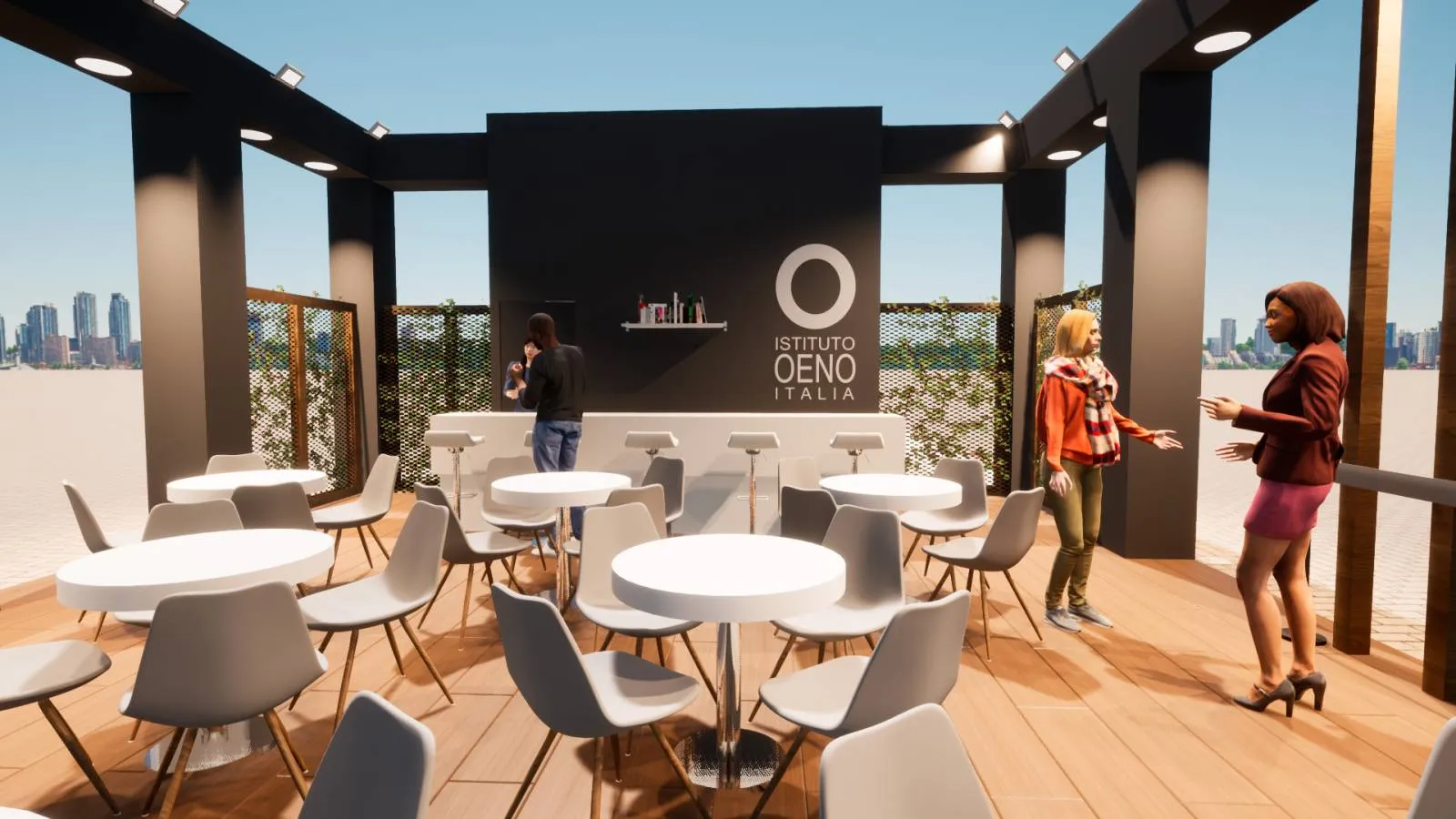 Render del bancone bar con insegna Istituto Oeno Italia nello stand al Simei