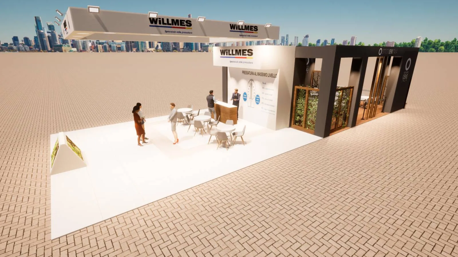 Render aereo dello stand Willmes e Istituto Oeno Italia al Simei, vista dal lato opposto