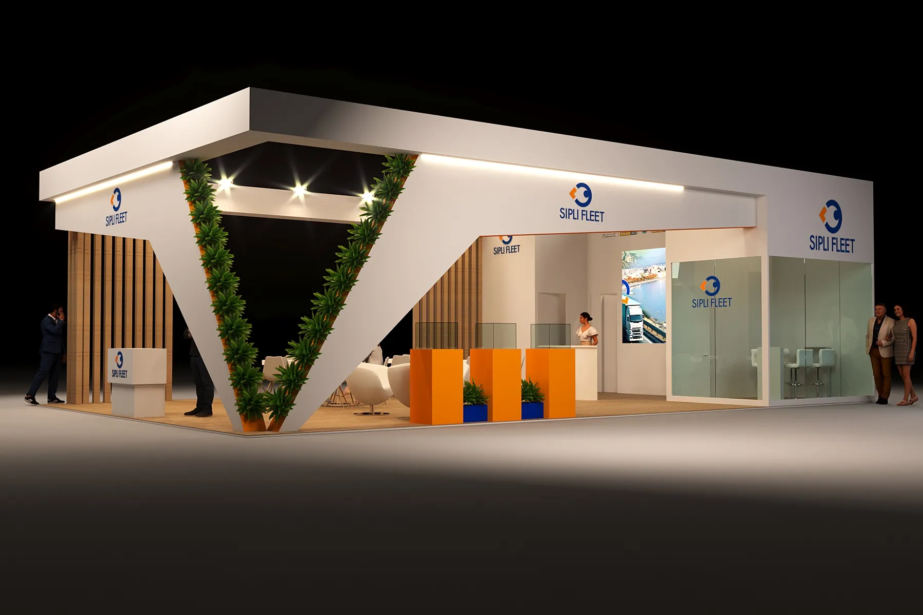 Render dello stand SIPLI FLEET a Transpotec, vista d'angolo con colonna a V rivestita di edera, area salotto e parete video
